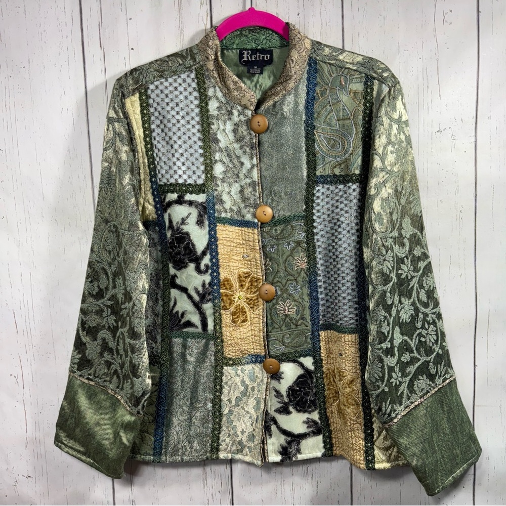 Vintage Retro Patchwork Tapestry Jacket Cottagecore Artsy Green Size M Retro
